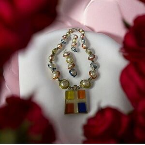 Geometric Resin Mosaic Tile Pendant with Wire Wrapped Pearl Necklace & Earrings